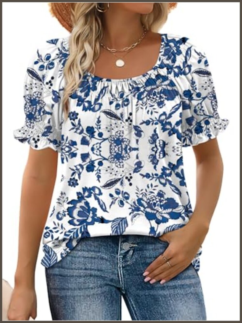 Square Neck Smocked Ruffle Short Sleeve Peasant Blouse Casual Summer Top
